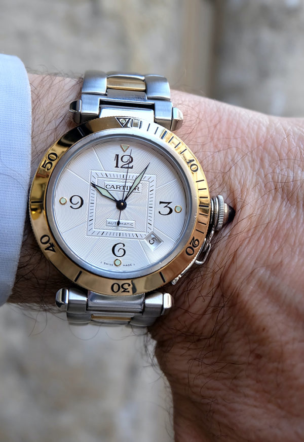 Cartier Pasha or & acier 38 mm fond saphir comme neuve révision Cartier 2021